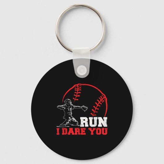 Run I Dare You Funny Baseball Catcher Baseball Pla Sleutelhanger (Voorkant)