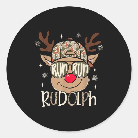 Run Rudolph Santa's Reindeer Christmas Camo Boys T Ronde Sticker (Voorkant)