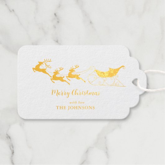 Runderen en slee goudfolie met kerstmis cadeaulabels (Voorkant (horizontaal))