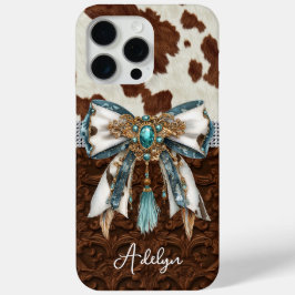 Runderhuid Bruin Leren Gejewelde Strik iPhone 15 Pro Max Hoesje