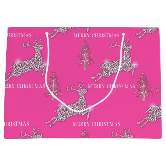 Runderrendiertje met mousserende diamant op roze k groot cadeauzakje (Voorkant)