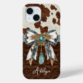 Rundhuid Bruin Leren Gejewelde Strik iPhone 15 Case