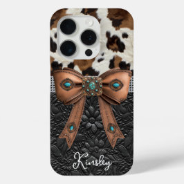 Rundleren zwart leer juwelen boog iPhone 15 pro case