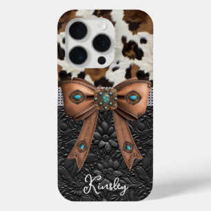 Rundleren zwart leer juwelen boog iPhone 15 pro case