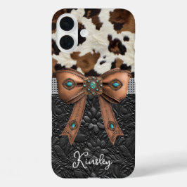 Rundleren zwart leer juwelen boog iPhone 16 plus hoesje