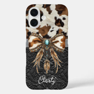 Rundleren Zwarte Leren Juweel Boog iPhone 16 Hoesje
