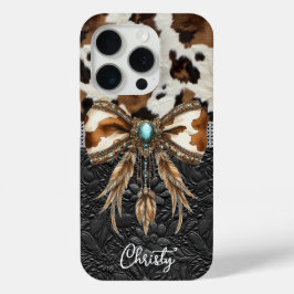 Rundleren Zwarte Leren Juweel Boog iPhone 15 Pro Case