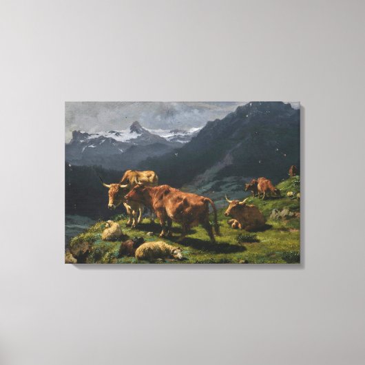 Rundvee en schapen in een Alpenlandschap Canvas Afdruk (Voorkant)
