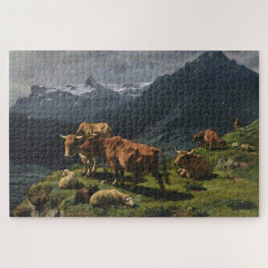 Rundvee en schapen in een Alpenlandschap Legpuzzel (Horizontaal)