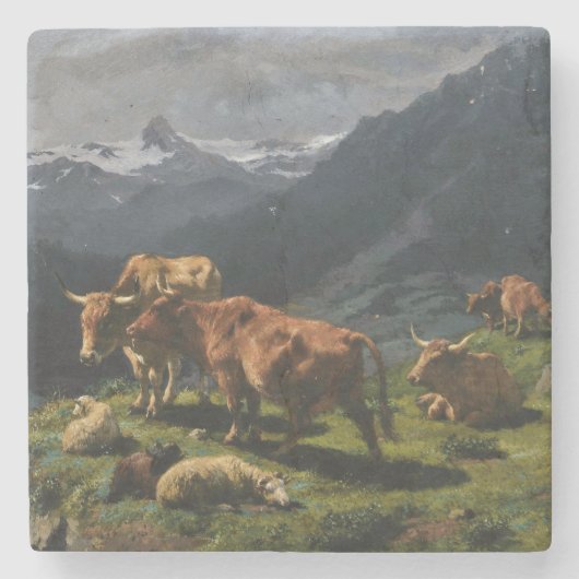 Rundvee en schapen in een Alpenlandschap Stenen Onderzetter (Voorkant)