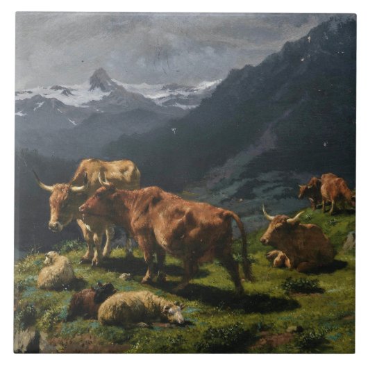 Rundvee en schapen in een Alpenlandschap Tegeltje (Voorkant)