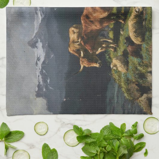 Rundvee en schapen in een Alpenlandschap Theedoek (Gevouwen)