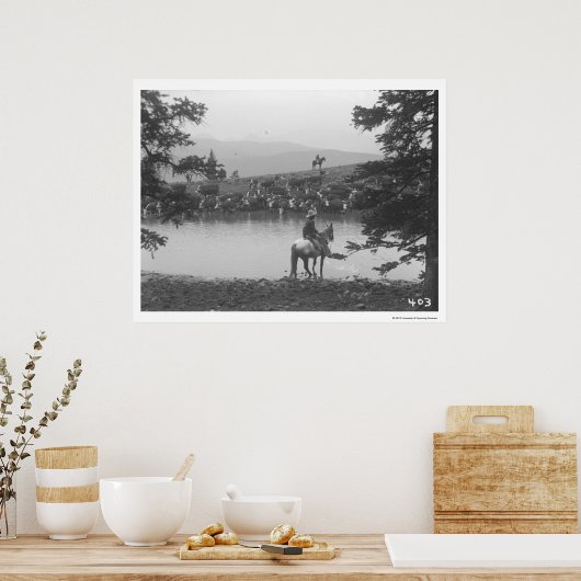 Rundveer met een vijver met twee cowboys. poster (Keuken)