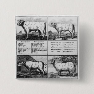 Rundvlees, Vee, Varkensvlees en Mutton Cuts, 1802 Vierkante Button 5,1 Cm