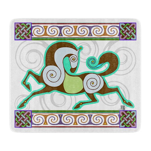 RunequineTM Glass Cutting Board: Green Norse Horse Snijplank (Voorkant)