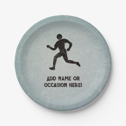Runner sportman & jouw tekst op masuline grijs papieren bordje (Voorkant)