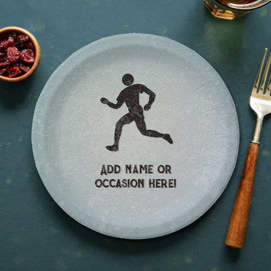 Runner sportman & jouw tekst op masuline grijs papieren bordje