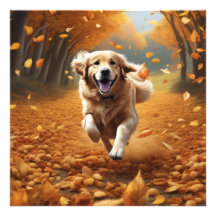 Running Dog in Autumn Leaves Art Print, Natuur Art