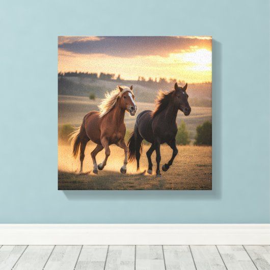 Running Free at Sunset – Wild Horse Duo Wall Art Canvas Afdruk (Insitu (Houten vloer))