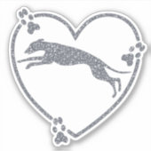 Running Greyhound Heart Paw Prints Zilveren Glitte Sticker (Voorkant)