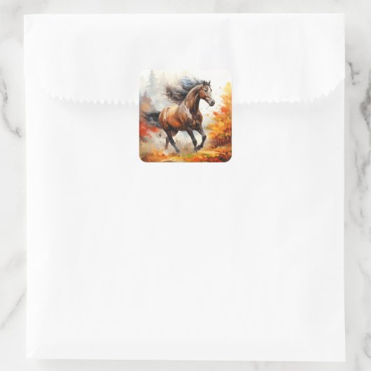 Running Horse in Autumn Vierkante Sticker (Tas)