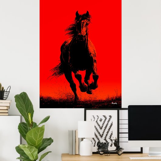 Running Horse Poster - Zwart silhouet op rood (Thuiskantoor)