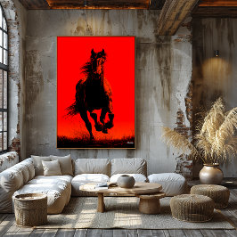 Running Horse Poster - Zwart silhouet op rood