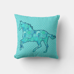 Running Horse Silhouette, Turquoise en Aqua Kussen