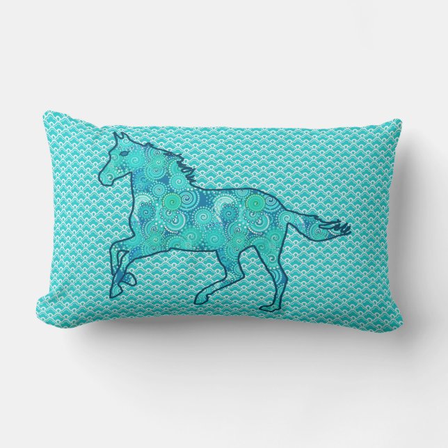 Running Horse Silhouette, Turquoise en Aqua Kussen (Voorkant)