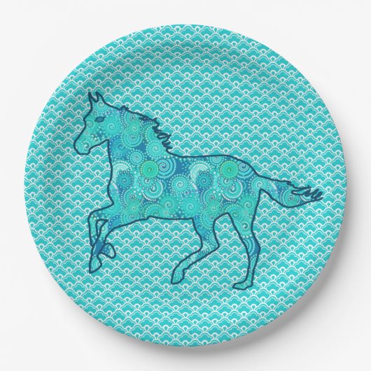 Running Horse Silhouette, Turquoise en Aqua Papieren Bordje (Voorkant)