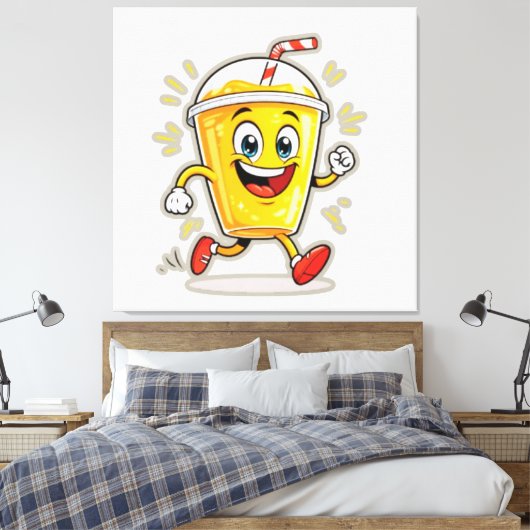 **Running Juice Cup Cartoon – Fun Street Drink Cha Canvas Afdruk (Insitu (Slaapkamer))