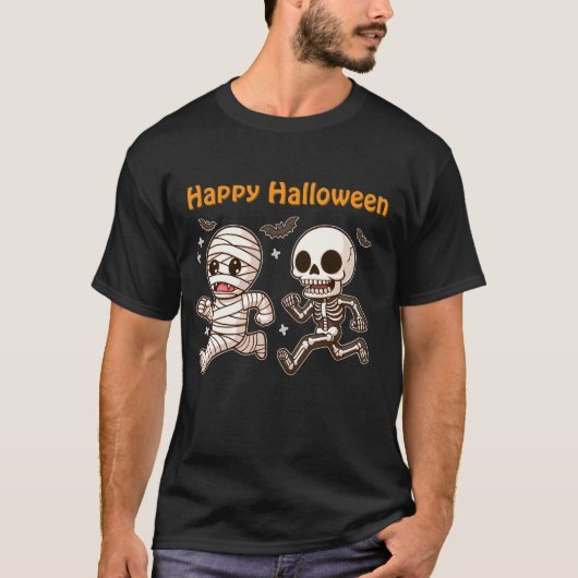 Running Mummy & Skeleton – Schattige Halloween-duo T-shirt (Voorkant)