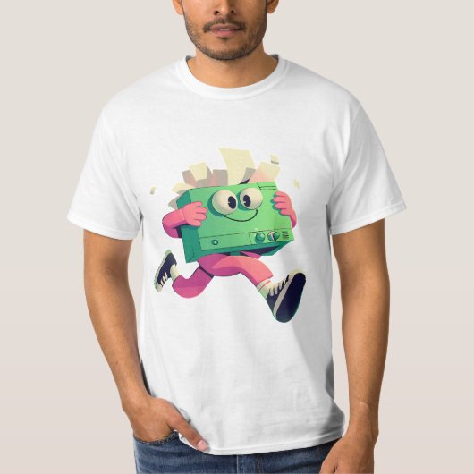 Running Printer with Flying Papers – Tech Humor T-shirt (Voorkant)