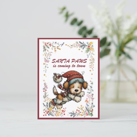 Running Puppy Dog SANTA  PAWS is Coming to Town Feestdagenkaart (Staand voorkant)
