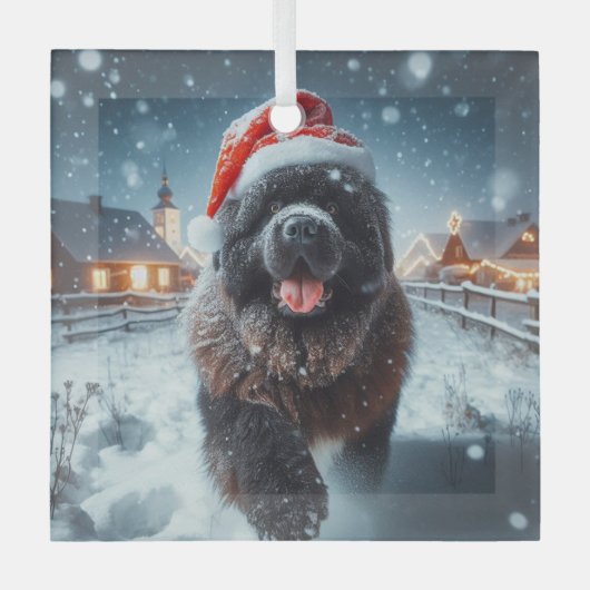 Running Santa Newfie Glas Ornament (Voorkant)