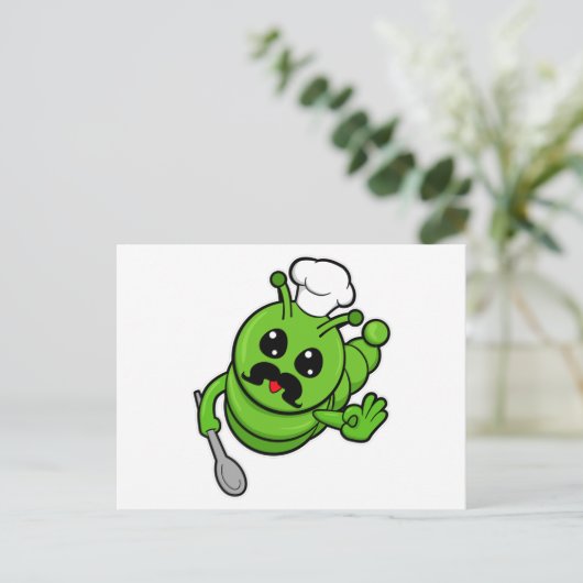 Rups als kok met lepel briefkaart (Staand voorkant)