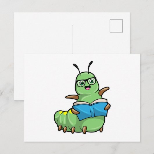 Rups als nerd met boek en bril briefkaart (Voorkant / Achterkant)