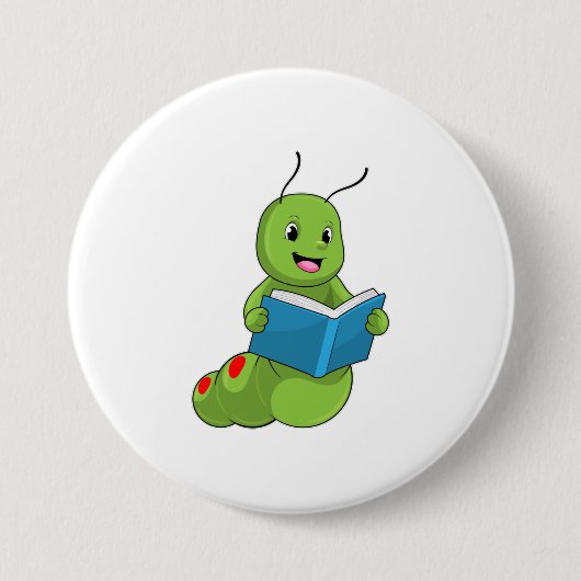 Rups bij het lezen met boek ronde button 7,6 cm (Voorkant)