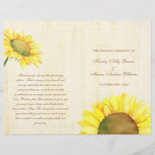 Rural Sunflower Wedding Ceremony Bi Fold Programs (Voorkant)