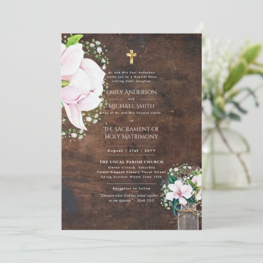 Rurale bloem katholieke huwelijksmis bruiloft kaart (Staand voorkant)