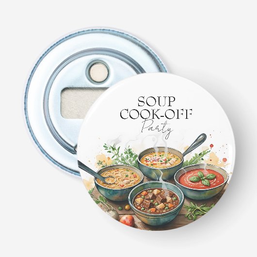 Rurale soep kook-off potluck feest waterverf button flesopener (Voorkant)
