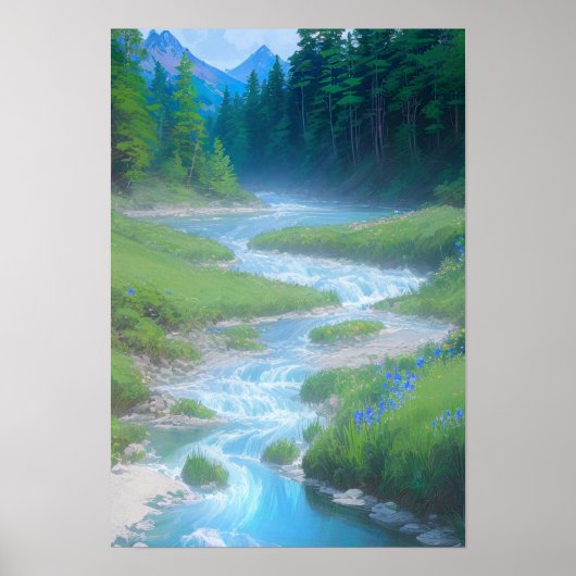 Rushing Stream in Green Field Poster (Voorkant)