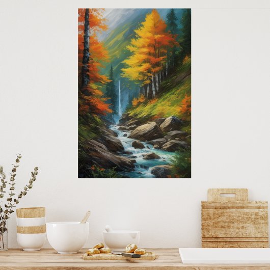 Rushing Stream in het levendige herfstbos Poster (Keuken)