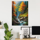 Rushing Stream in het levendige herfstbos Poster (Thuiskantoor)