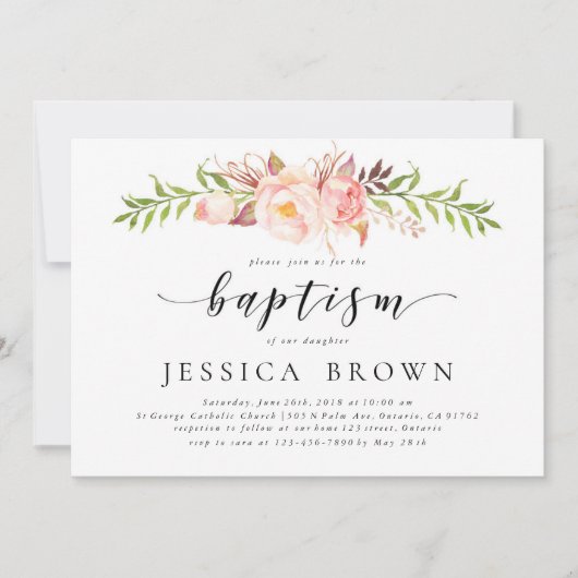 Rusic Floral, Waterverf Peony Baptism Kaart (Voorkant)