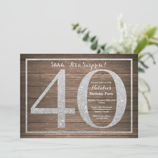 Rusic Surprise 40th Birthday Invitation Silver Kaart (Staand voorkant)