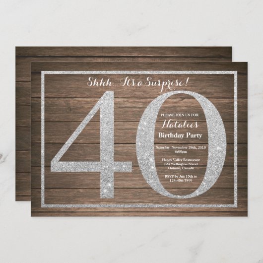 Rusic Surprise 40th Birthday Invitation Silver Kaart (Voorkant / Achterkant)