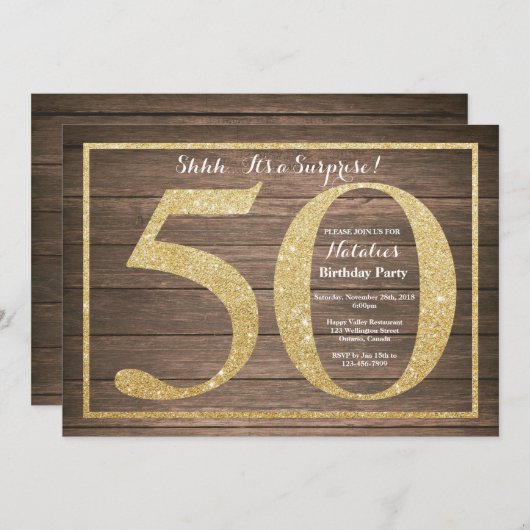 Rusic Surprise 50ste verjaardag uitnodiging goud (Voorkant / Achterkant)