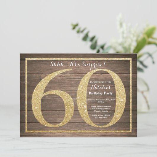 Rusic Surprise 60th Birthday Invitation Gold Kaart (Staand voorkant)