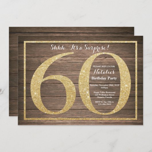Rusic Surprise 60th Birthday Invitation Gold Kaart (Voorkant / Achterkant)